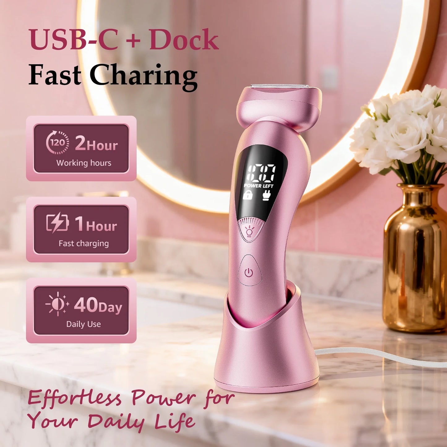 Electric Razor for Women, 2-In-1 Womens Electric Razor, Rechargeable Cordless Bikini Trimmer Shaver, IPX7 Waterproof Wet Dry Body Pubic Hair Trimmer, Lady Shaver for Face, Underarm & Legs